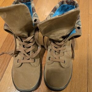 Tan Women's Combat Boots with Patterned Interior